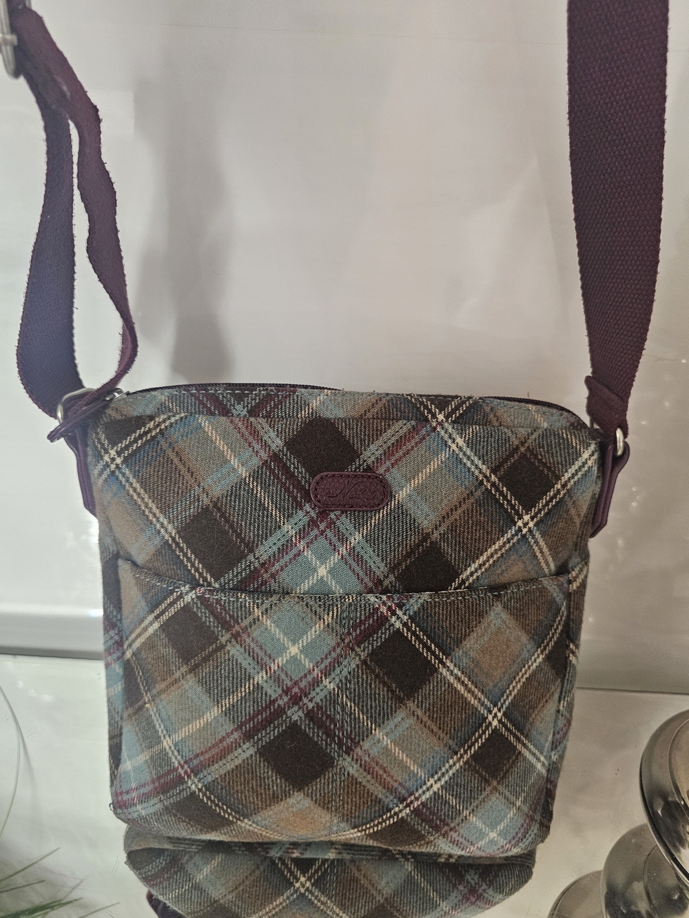 Plaid Messenger Crossbody Bag in Brown & Blue - Unbranded